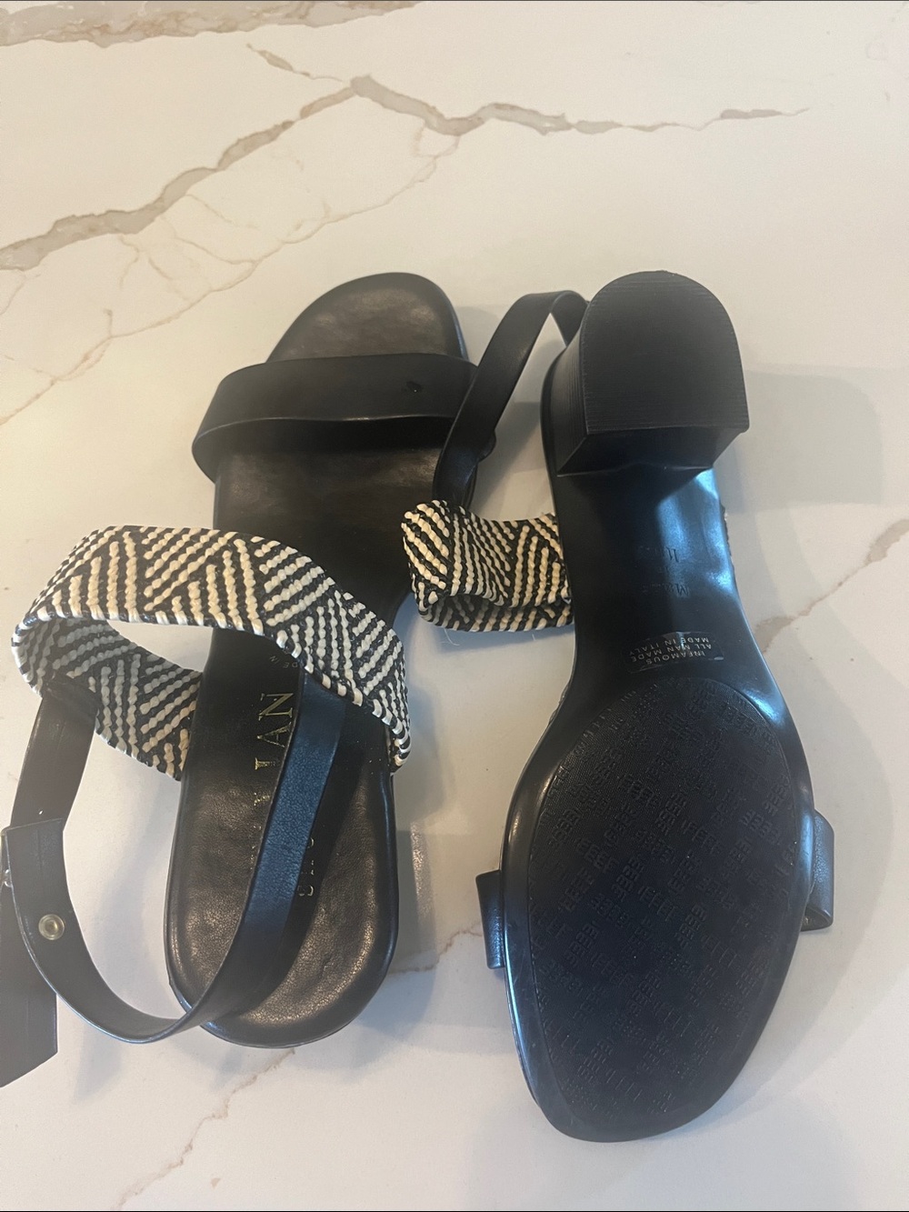 Italian Shoemakers Black Sandals with Braided Black and White Strap